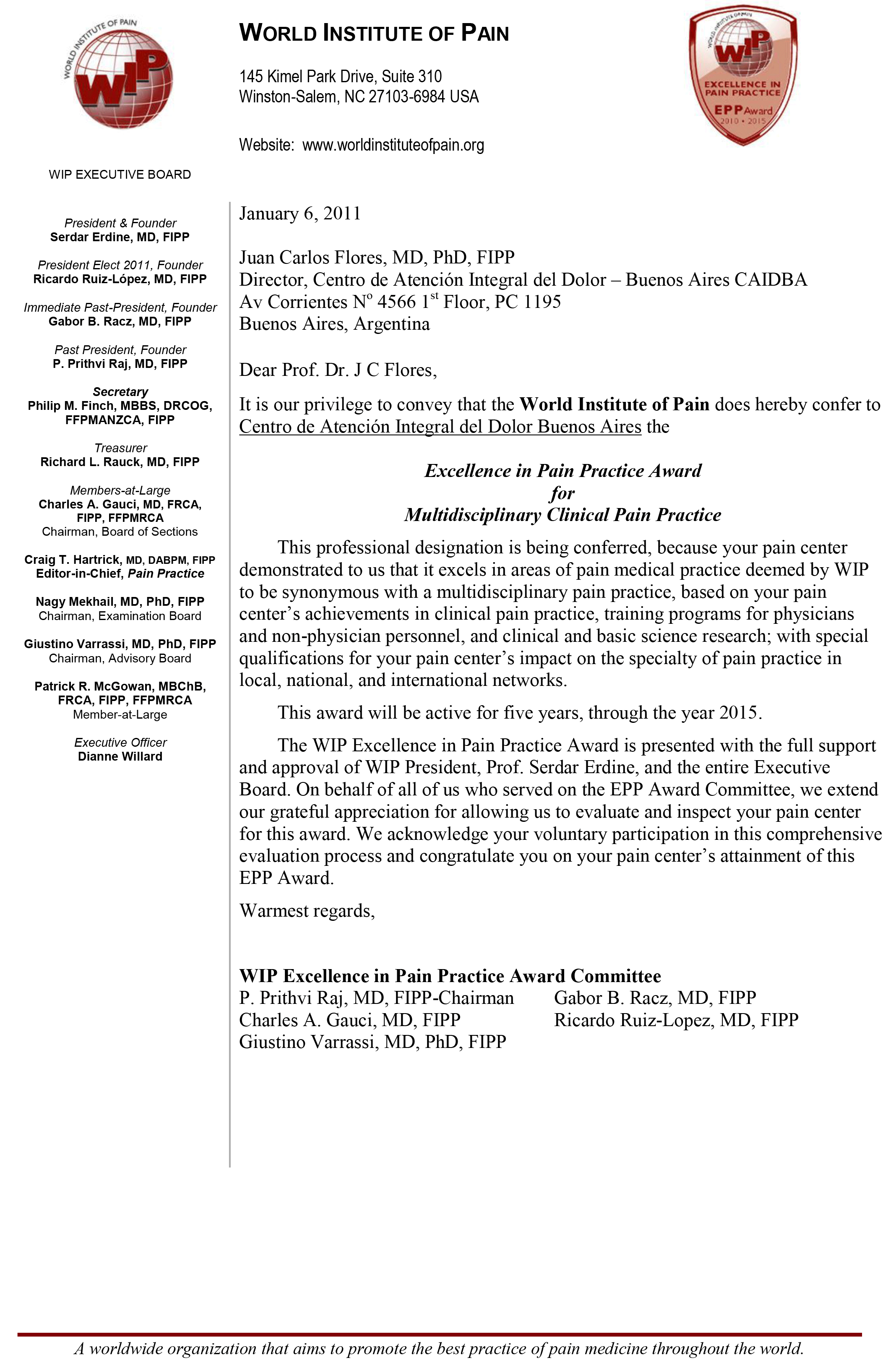 World Institute Of Pain 'Excellence in Pain Practice Award'